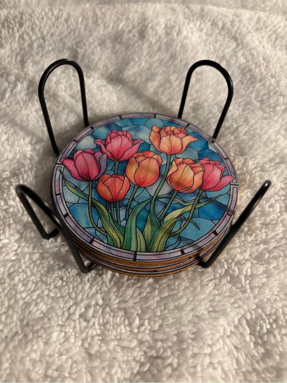 Tulip Stained-Glass Style Round Ceramic Coaster Set in Pink & Orange